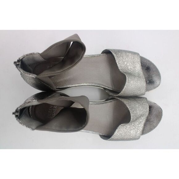 Eileen Fisher Sign Sandals Women's 10 Silver Leather Ankle Strap Back Zip - Picture 10 of 11
